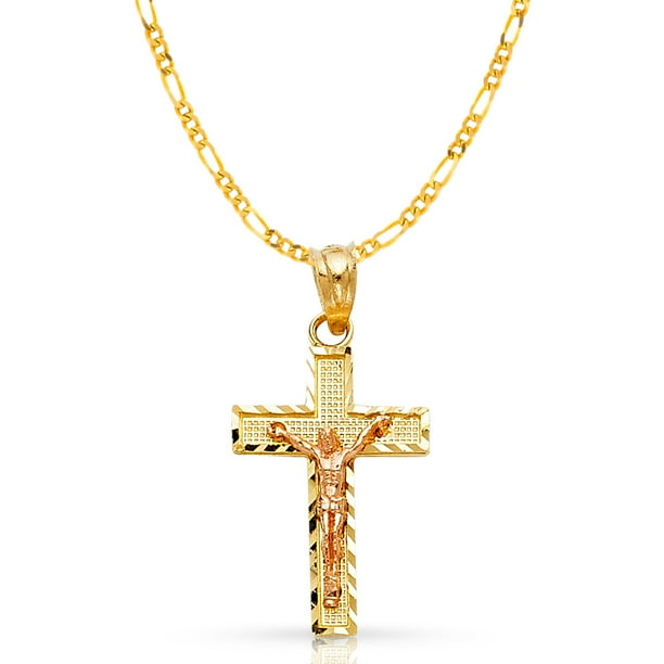 14K Two Tone Gold Crucifix Charm Pendant with 2.3mm Figaro 3+1 Chain Necklace 14K Two Tone Gold Crucifix Charm Pendant with 2.3mm Figaro 3+1 Chain Necklace